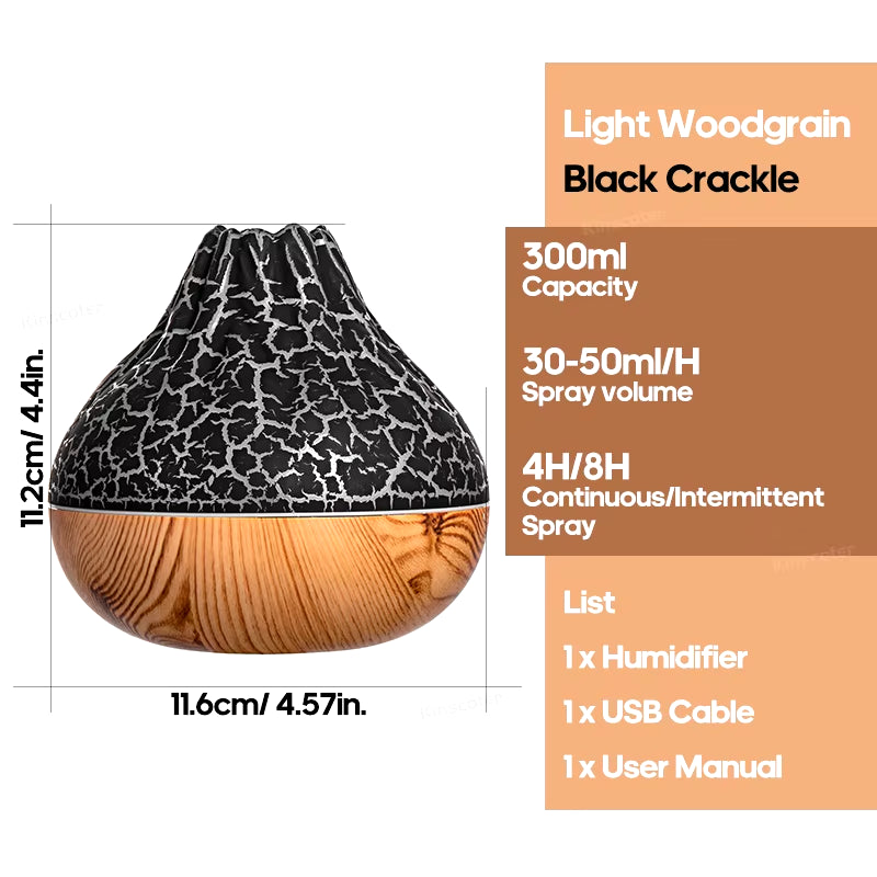 Volcano Air Humidifier 300ml - Desktop USB Water Mist Diffuser and Purifier with Colorful Ambient Night Light