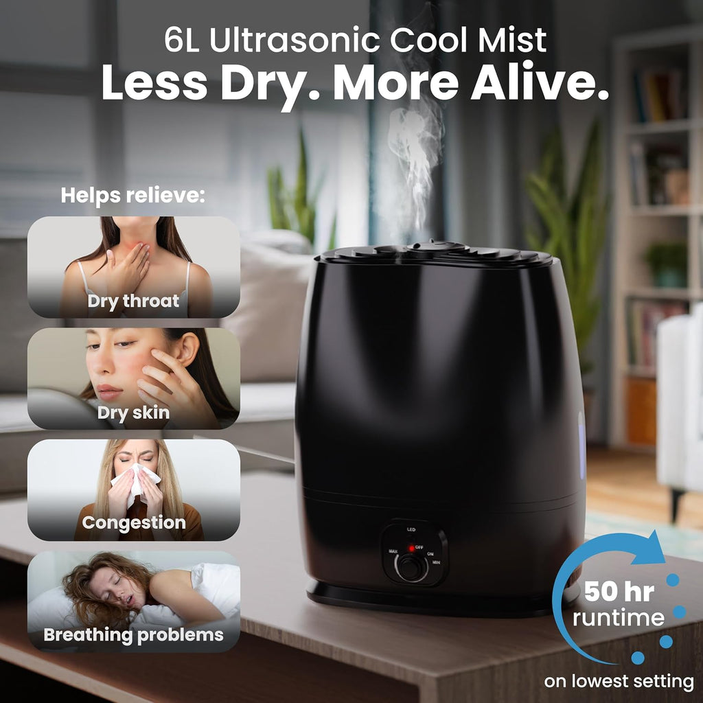 6L Large Humidifier for Bedroom, 28 Db Cool Mist