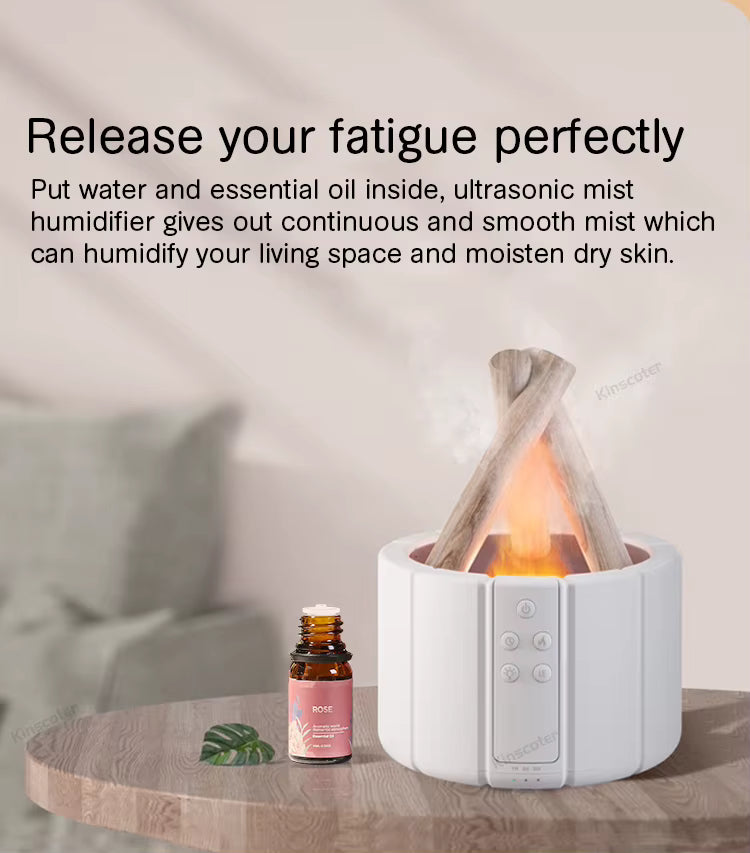 Ultrasonic Campfire Aroma Diffuser with Simulated Flame and LED Light - Bonfire Air Humidifier and Essential Oil Fogger